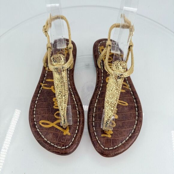 Sam Edelman Girls Gigi Thong Sandal Size 1 Gold Faux Leather Flat - Picture 5 of 12